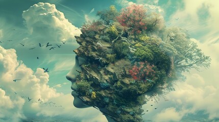 Woman's Head with Surreal 3D Landscape of Trees