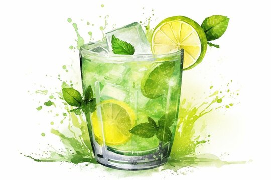 Watercolor image of a refreshing cocktail with mint and lime in a round glass, with dynamic splashes. Generative AI