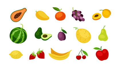 Different food icons set. Juicy fruits. Watermelon, banana, cherry and pear. Healthy and fresh eating. Template and layout. Cartoon flat vector collection isolated on white background