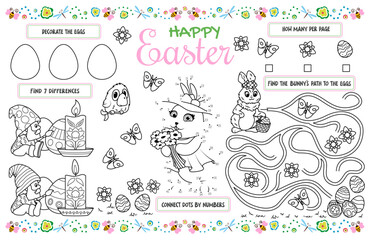 Festive placemat for children. Printable  activity sheet "Happy Easter" with a labyrinth, connect the dots and find the same. 17x11 inch printable vector file