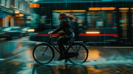 femme se déplaçant à vélo dans la ville sous la pluie