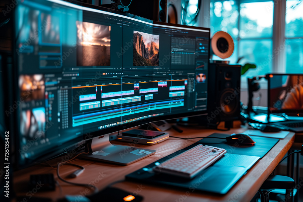 Poster video editing time line and computer monitor as video editor works.video editting timeline concept