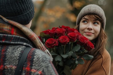 A loving couple exchanges a tender gaze, the man holding a bouquet of red roses, symbolizing romance and affection in a lush garden setting.