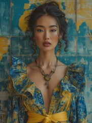 Fototapeta premium Portrait of a beautiful Asian woman with fashion style. lady in a captivating blue and yellow dress, exuding elegance and culture. traditional attire contrasting with a bold, modern background