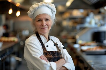 Experienced female chef standing proudly in a bustling commercial kitchen, with team in background.