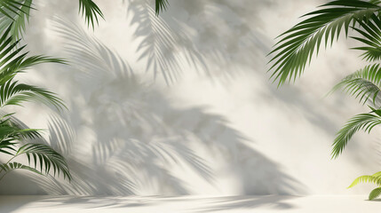Shadow of palm leaves on white concrete light beige wall