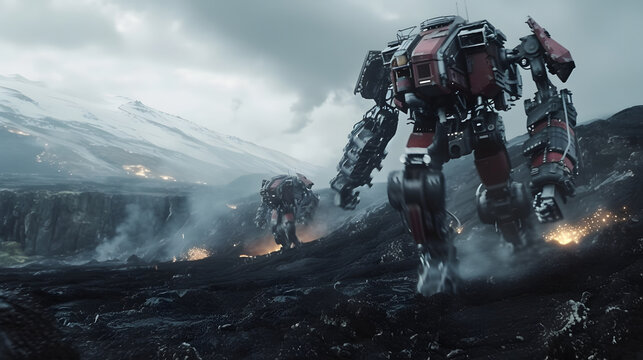 giant robot mechas running into a vulcanic landscape  