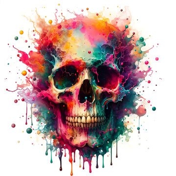 colorful skull with a color splash, beautiful skull painting, skull abstract background