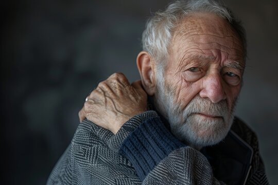 A close-up photo capturing an elderly man wincing in pain, possibly from shoulder or back discomfort.
