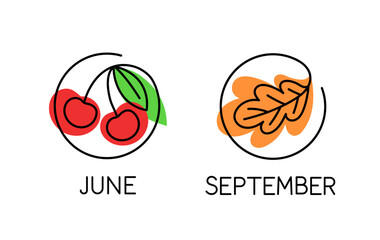 Seasons linear icons set. Rounds with cherry and orange leaves. June and September. Doodle sketch. Graphic element for website. Outline flat vector collection isolated on white background