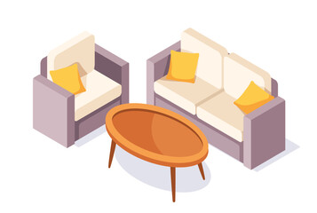 Garden furniture isometry concept. Comfortable sofa with wooden table. Comfort and coziness at backyard. Poster or banner. Cartoon 3D vector illustration isolated on white background