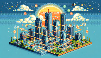 Obraz premium Pixelated cityscape showcasing the resilience of business continuity in a charming retro video game style.