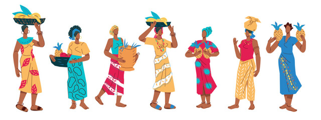 Black beauty and culture of Africa concept. African women characters for theme of ethnic diversity or African Independence Day, flat vector illustration isolated on white background.