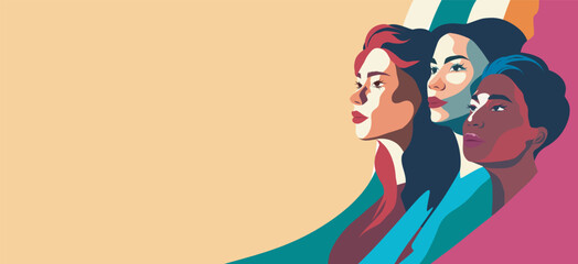 Banner poster for Women's Day, women of different cultures and nationalities together on a light background. Vector concept of movement for gender equality and women's empowerment