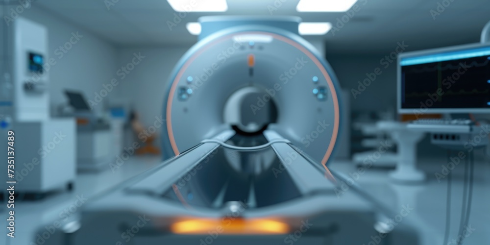 Poster a medical room with a ct machine in the foreground. this image can be used to depict a modern health