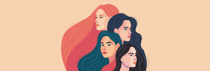 Vector banner place for text Happy Women's Day women with beautiful hair. Vector concept of movement for gender equality and women's empowerment
