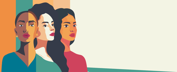 Vector banner with place for text, women of different cultures and nationalities stand together. Vector concept of movement for gender equality and women's empowerment