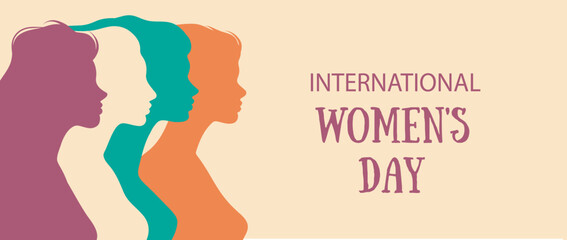 Vector horizontal banner with text Happy Women's Day silhouettes of women in different colors. Concept of the movement for gender equality and women's empowerment