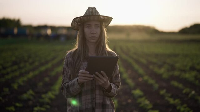 Farm worker woman with tablet in hands walks on agricultural field early spring at sunset. Young caucasian female works on farmland outdoors. Food production, farming industry, agribusiness concept.