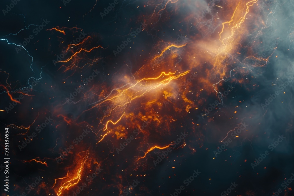Poster A close-up view of a fiery flame with lightning striking in the background. Suitable for various uses