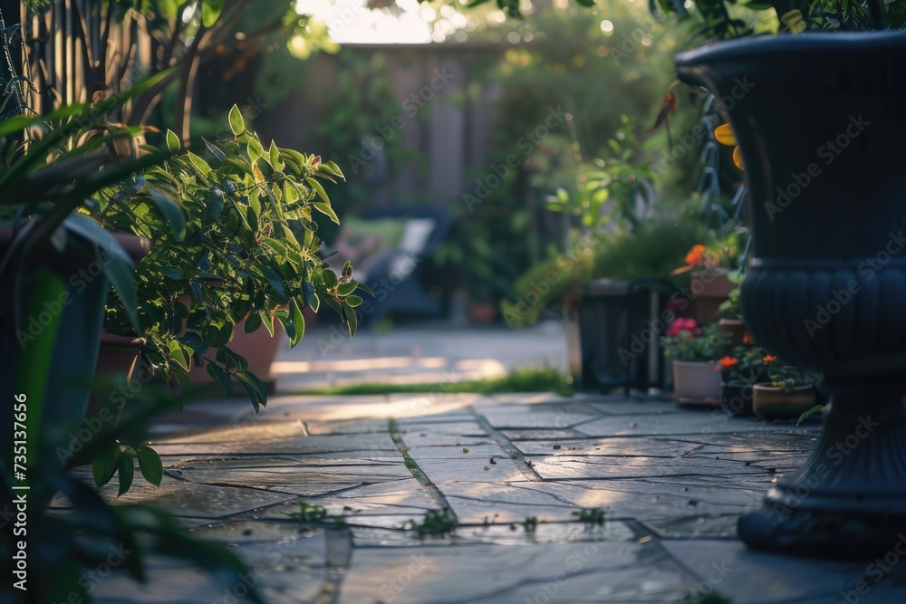 Poster A stone walkway with potted plants in the foreground. This image can be used to add a touch of nature and elegance to any design project