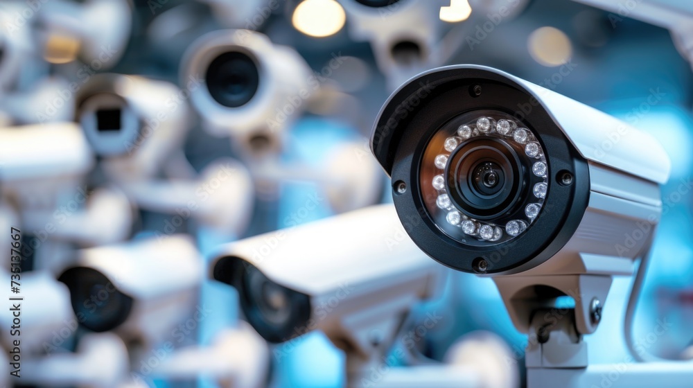 Poster A collection of surveillance cameras placed strategically in a room. Ideal for illustrating security measures and monitoring systems