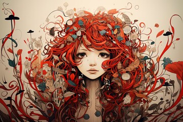 Abstract artwork of girl, patterned hair in style of applique with different intricate floral details, vintage colours