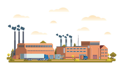 Naklejka premium Factory or industrial site buildings vector illustration. Flat design illustration front view concept for city illustration