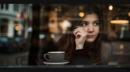 Cozy Cafe Moment: Woman Daydreaming with Coffee AI Generated.