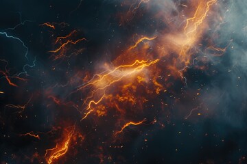 A close-up view of a fiery flame with lightning striking in the background. Suitable for various uses
