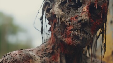 Close-up shot of a person with blood on their face. Suitable for horror or thriller themes