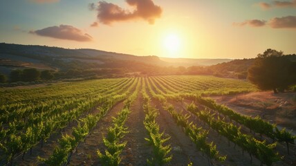 Golden Sunset in Tranquil Vineyard - Peaceful vine rows under a soft sunset sky