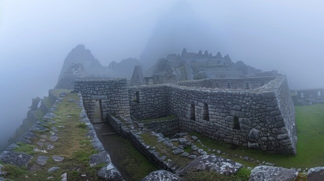 Fog-Enshrouded Ruins of Machu Picchu - The majestic remains of the Inca city enveloped in a soft veil of morning mist.