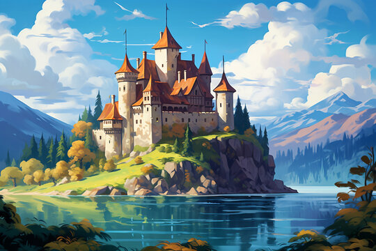 A painting of a castle by the ocean, Beautiful picture of castle. Illustration of a beautiful castle, submerged at the bottom of the blue ocean, surrounded by corals and small fish,  Generative Ai