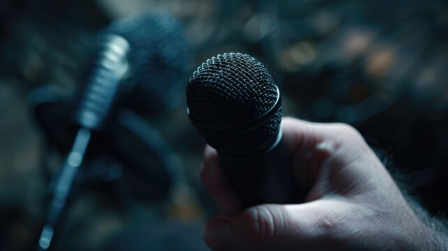A person holding a microphone in their hand. Ideal for presentations, public speaking, and live performances