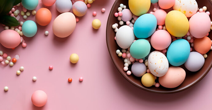  Holiday Easter background of colorful pastel Easter eggs and bunny ears on pink table top view
