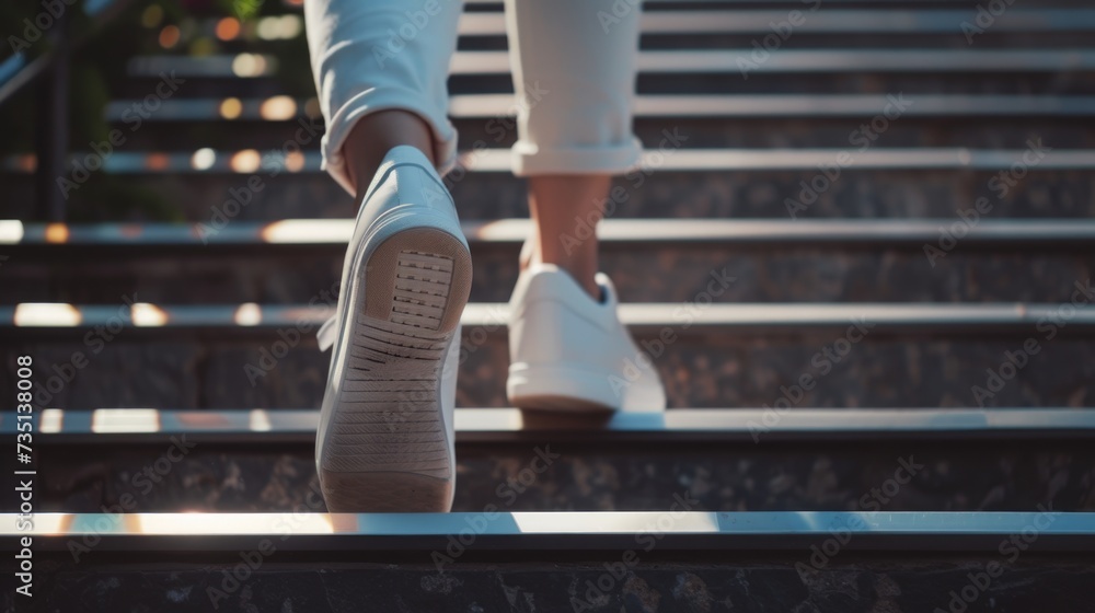 Poster a person is seen walking up a flight of stairs. this image can be used to represent progress, determ