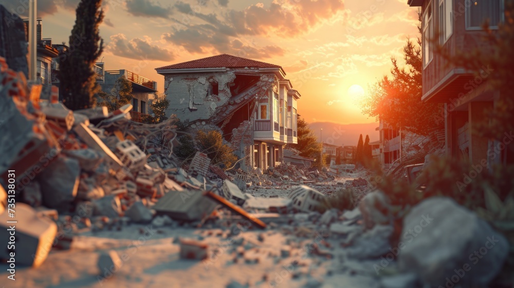 Aufkleber a stunning image of a demolished building with the sun setting behind it. perfect for illustrating u