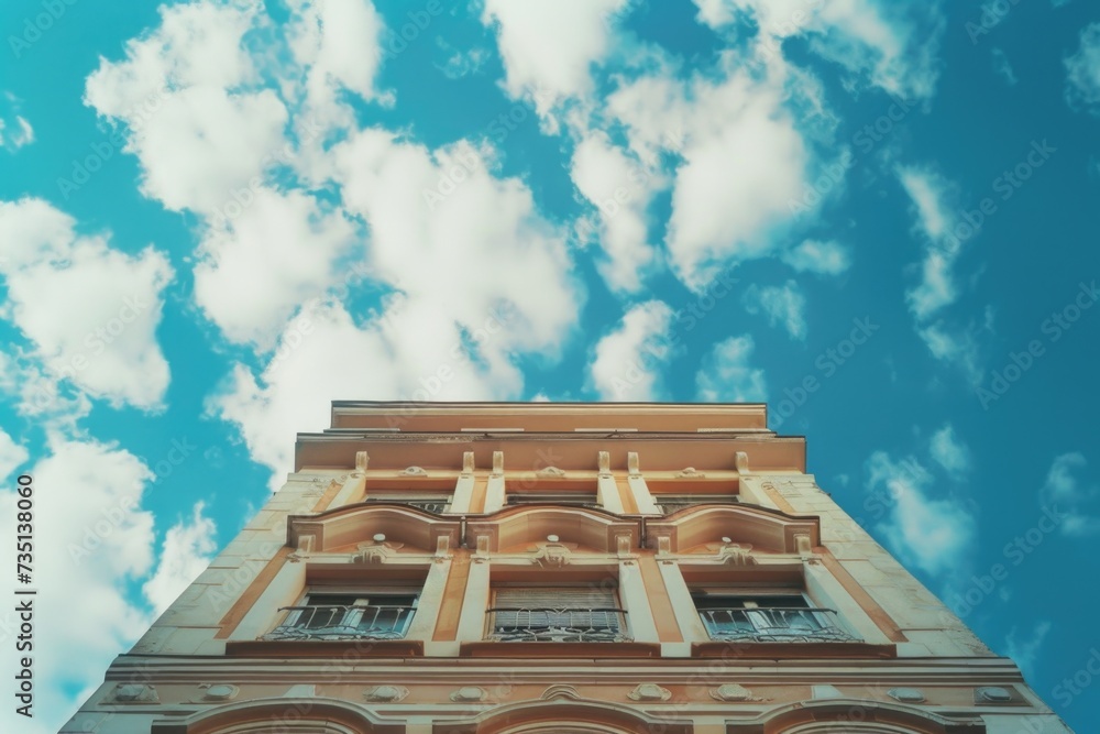 Poster A tall building with a clock on the front. Suitable for architectural themes and time-related concepts