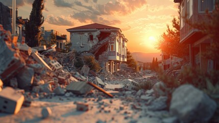 A stunning image of a demolished building with the sun setting behind it. Perfect for illustrating urban decay or the passage of time. - obrazy, fototapety, plakaty