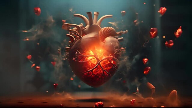 heart in fire, heart health and cardiovascular disease concept, overload, heart attack