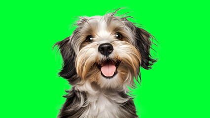 Portrait photo of smiling Havanese on green background