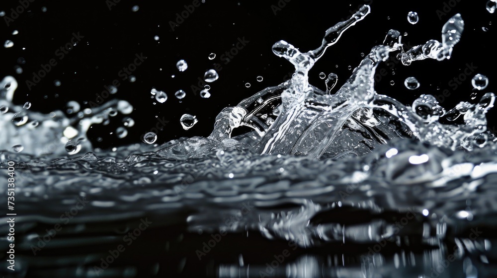Poster A dynamic image capturing a splash of water on a sleek black surface. Perfect for adding a modern touch to your designs or projects