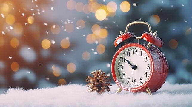 A red alarm clock placed on top of snow covered ground. Suitable for time management and winter themed concepts