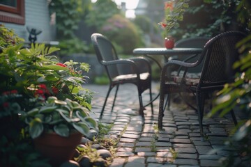 Fototapeta premium A picture of a table and chairs sitting on a brick patio. Perfect for outdoor dining or relaxing in the garden