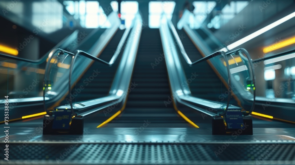 Poster Two escalators positioned next to each other. Suitable for depicting modern transportation systems and busy urban environments