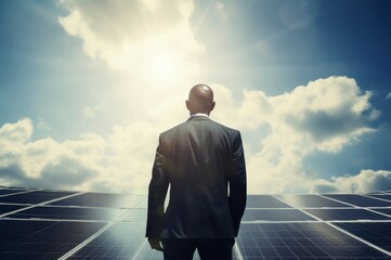 Sustainable Man solar panel. Worker power engineer. Generate Ai
