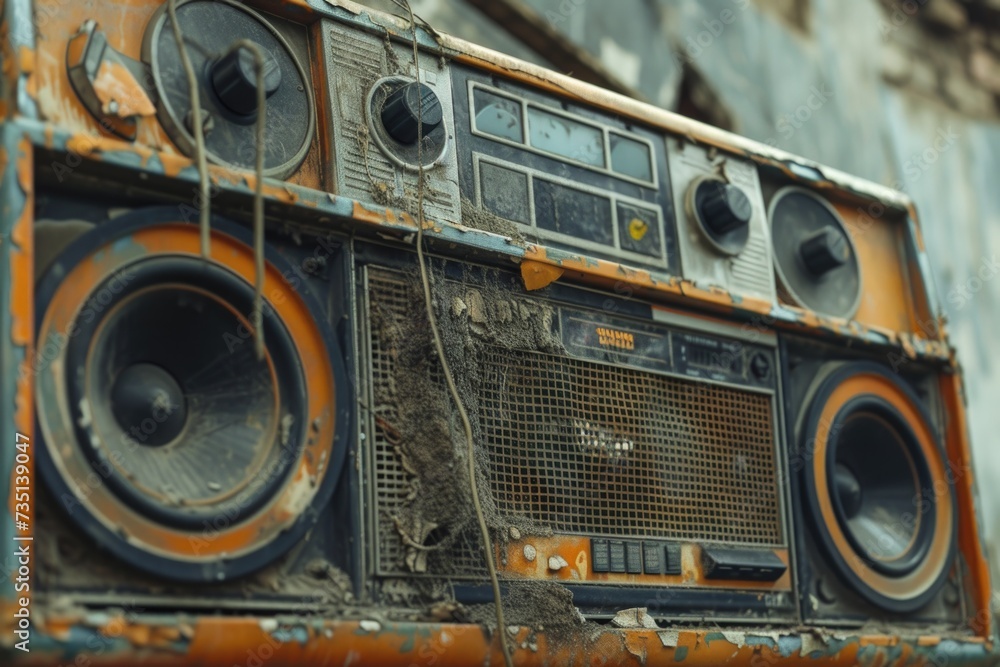 Aufkleber An old radio sitting on top of a wall. Perfect for adding a touch of nostalgia to any space