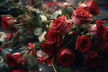 A bunch of red roses sitting on top of a table. Perfect for romantic occasions or floral decorations