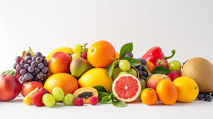 A bountiful selection of fresh, vibrant fruits are scattered artfully on the pristine white background